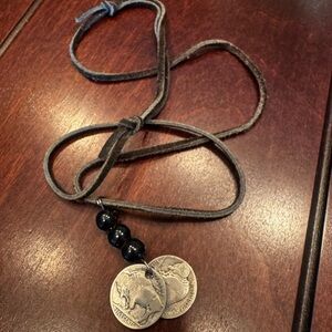 Leather Cord Necklace with Buffalo Nickel Pendant and Black Beads